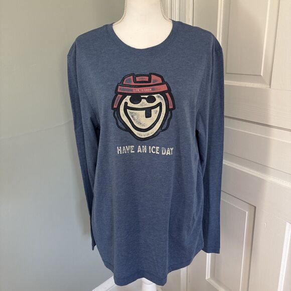 NWOT Women's Life is Good Have An Ice Day Hockey Darkest Blue Crusher Tee Large - Picture 1 of 4